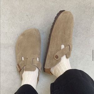 Birkenstock Boston Leather Suede Taupe Beige Clogs Narrow 40